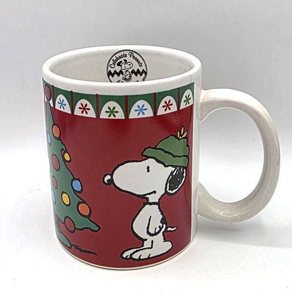 Peanuts Snoopy Christmas Tree Coffee Mug 60th Anniversary 2010 Tree Red Green - Picture 3 of 12